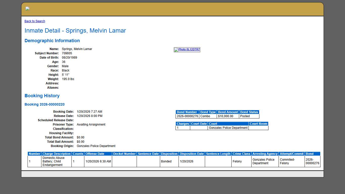 Inmate Detail - Springs, Melvin Lamar