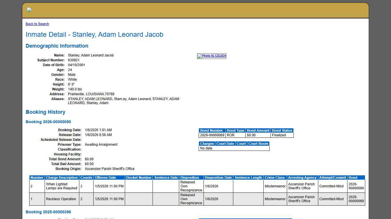 Inmate Detail - Stanley, Adam Leonard Jacob