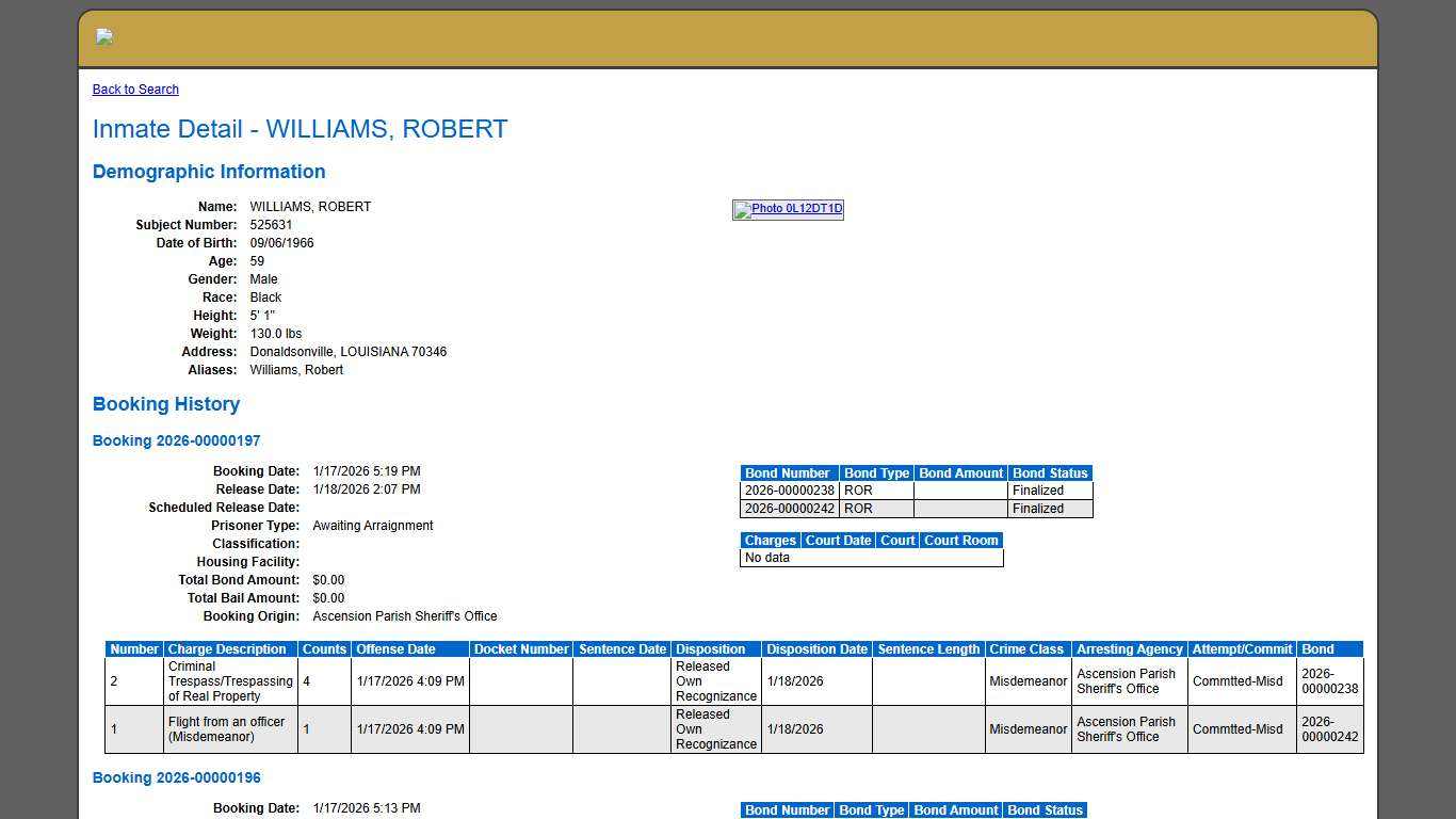 Inmate Detail - WILLIAMS, ROBERT