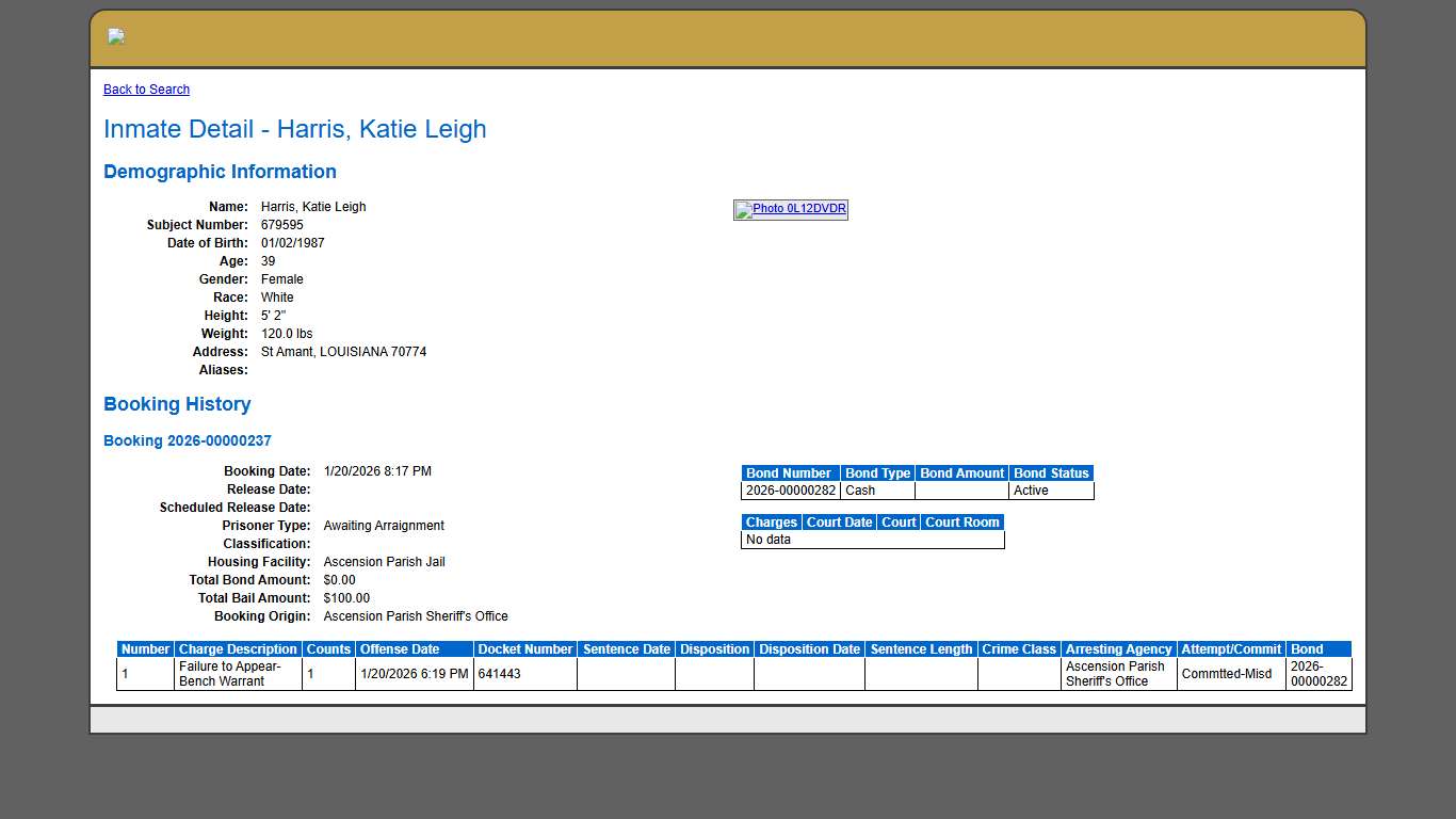 Inmate Detail - Harris, Katie Leigh