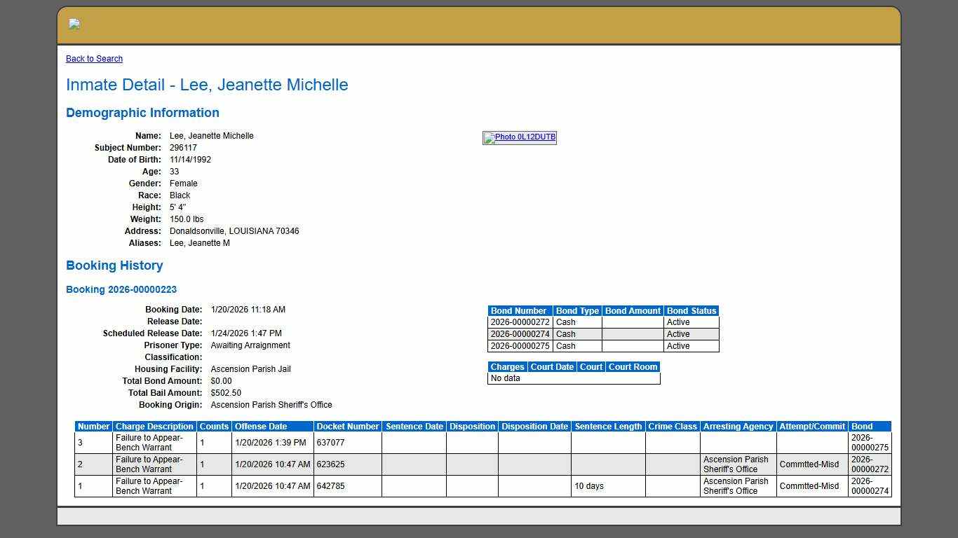 Inmate Detail - Lee, Jeanette Michelle